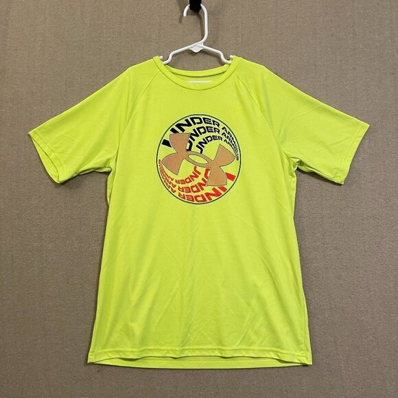 Under Armour Shirt Boy's Large Bright Yellow Heat Gear Graphic Short Sleeves - Picture 1 of 12